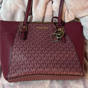 Michael Kors Red Shoulder Bag with Monogram Print and Gold Accents